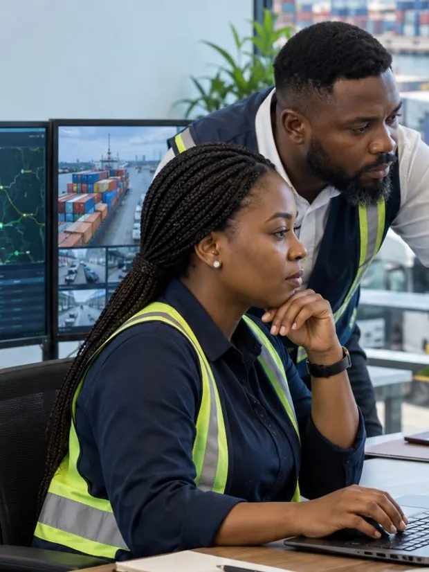 Two members of an operations team reviewing shipment information on screen