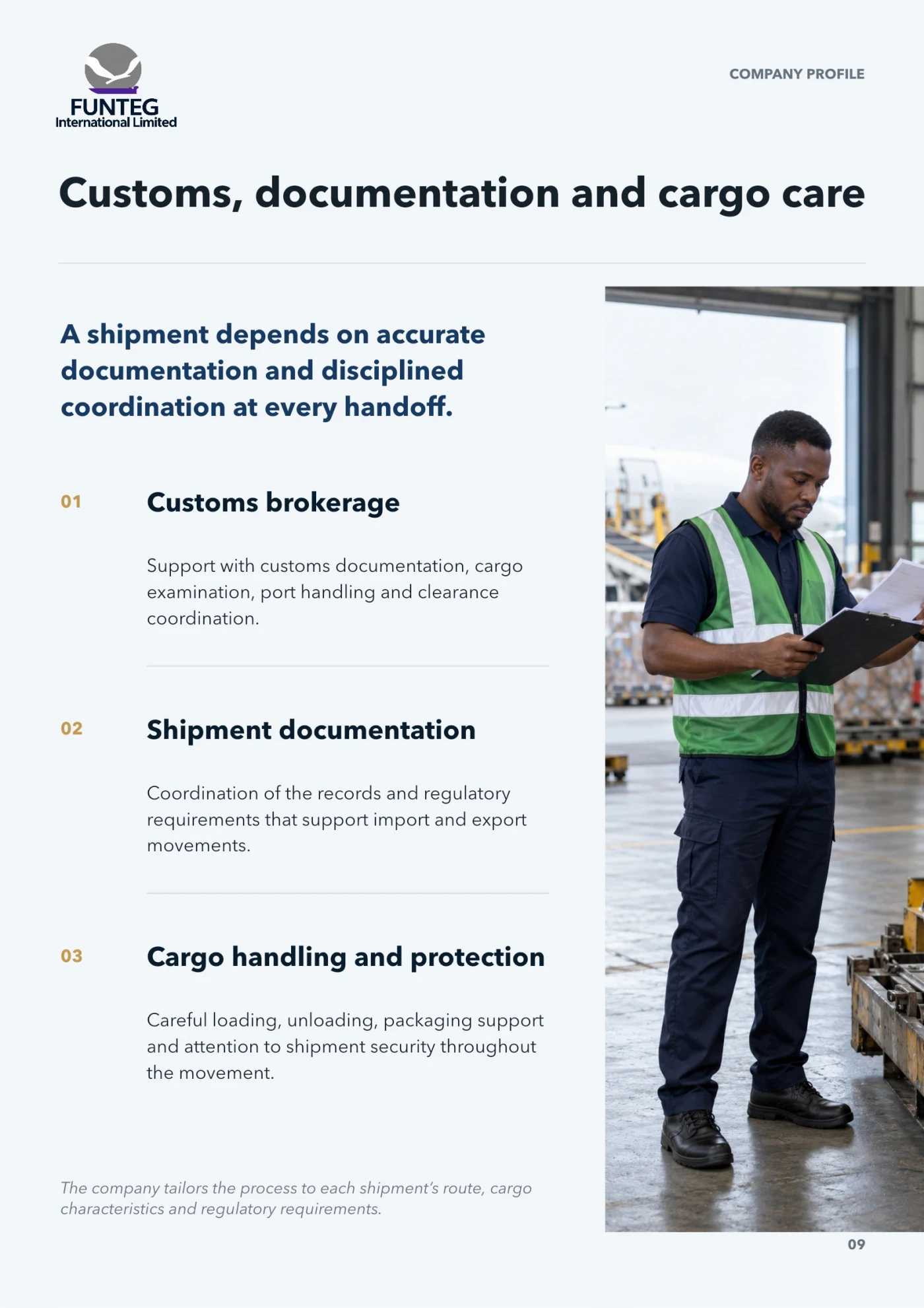 Company profile page 9: Customs, documentation and cargo care
