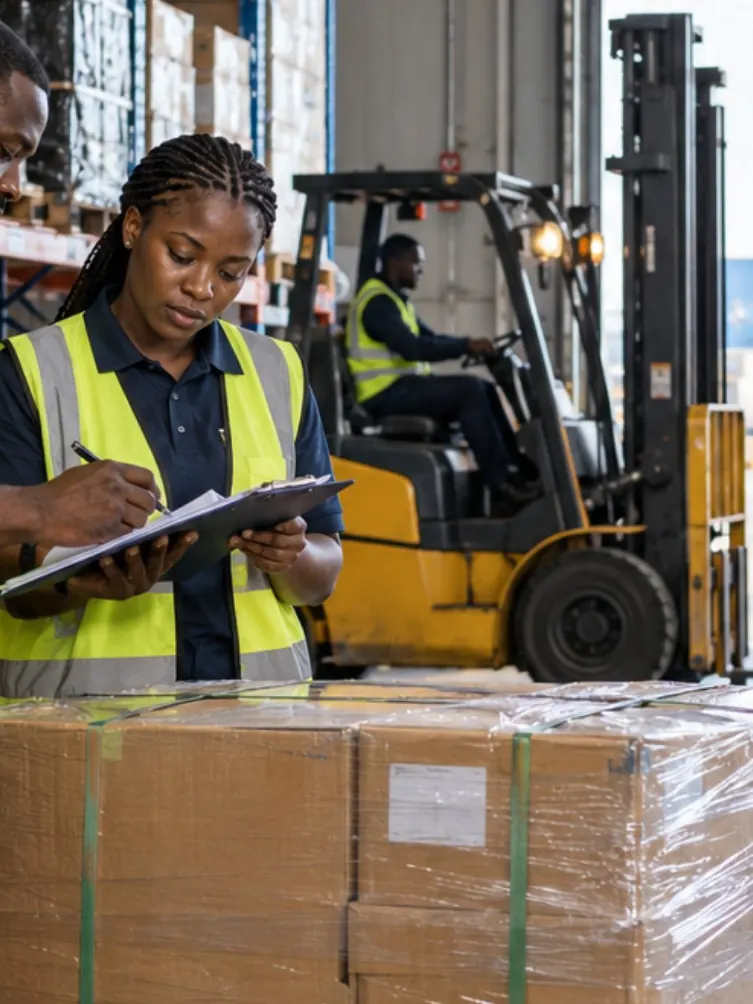 Warehouse team checking shrink-wrapped pallets beside a forklift